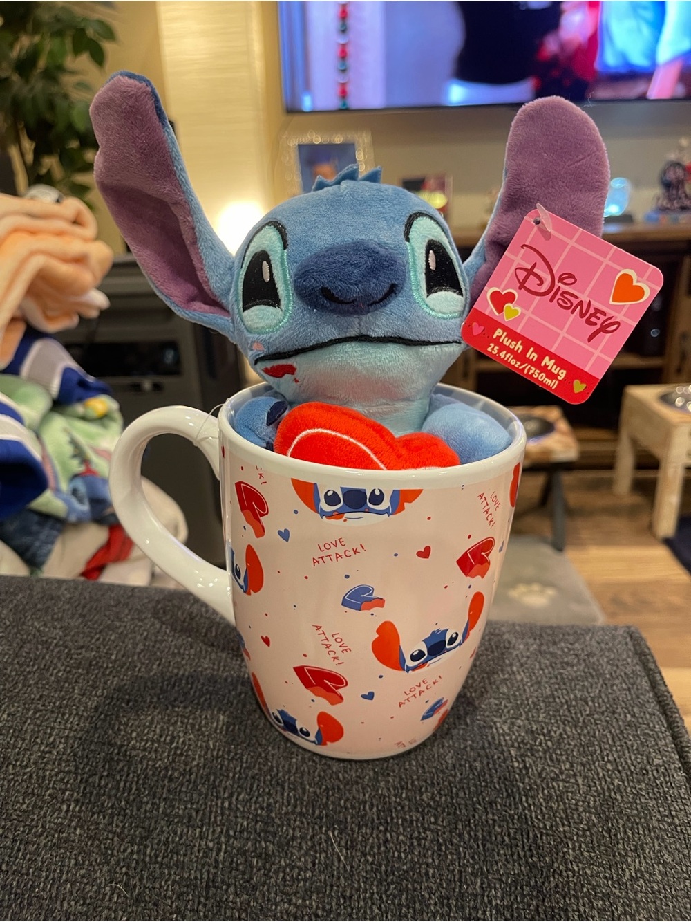 Valentines Disney Stitch Plush in large mug